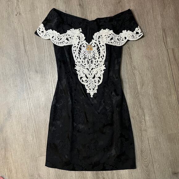 Vintage 90's Scott McClintock Formal Event Dress $ Black White Lace Edwardian - Picture 5 of 12